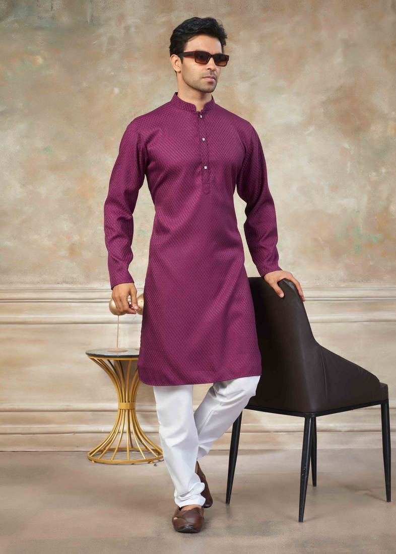 Wine colour rayon cotton with weaving sifly kurta pajama mens wear