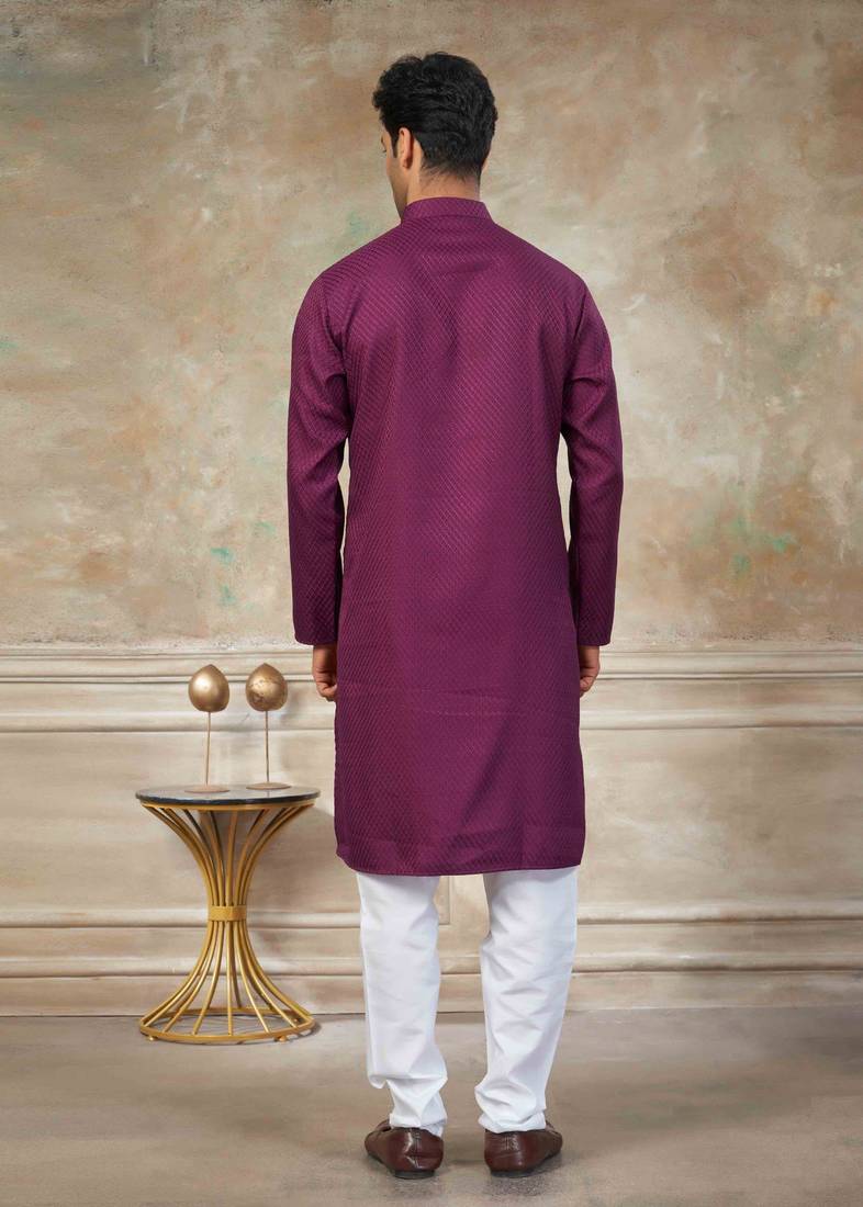 Wine colour rayon cotton with weaving sifly kurta pajama mens wear