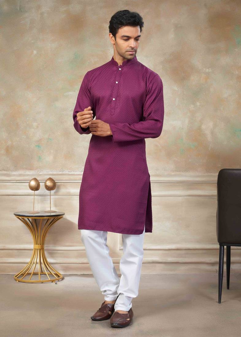 Wine colour rayon cotton with weaving sifly kurta pajama mens wear