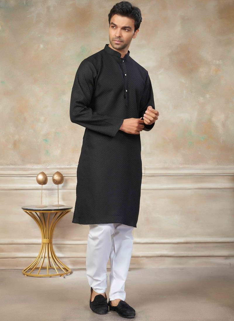 White colour rayon cotton with weaving sifly kurta pajama mens wear