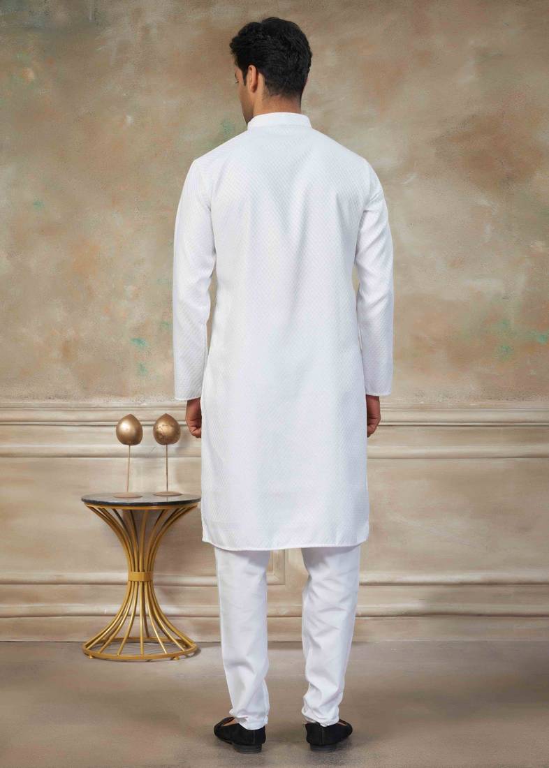 White colour rayon cotton with weaving sifly kurta pajama mens wear
