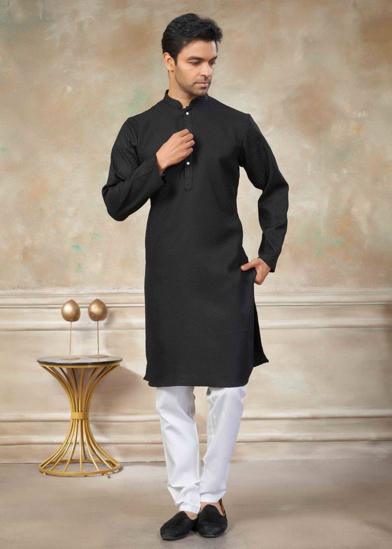 Black colour rayon cotton with weaving sifly kurta pajama mens wear