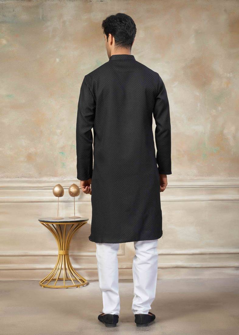 Black colour rayon cotton with weaving sifly kurta pajama mens wear