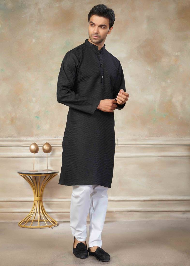 Black colour rayon cotton with weaving sifly kurta pajama mens wear