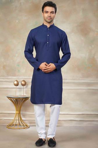 Navy blue colour rayon cotton with weaving sifly kurta pajama mens wear