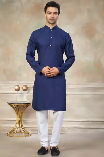 Navy blue colour rayon cotton with weaving sifly kurta pajama mens wear