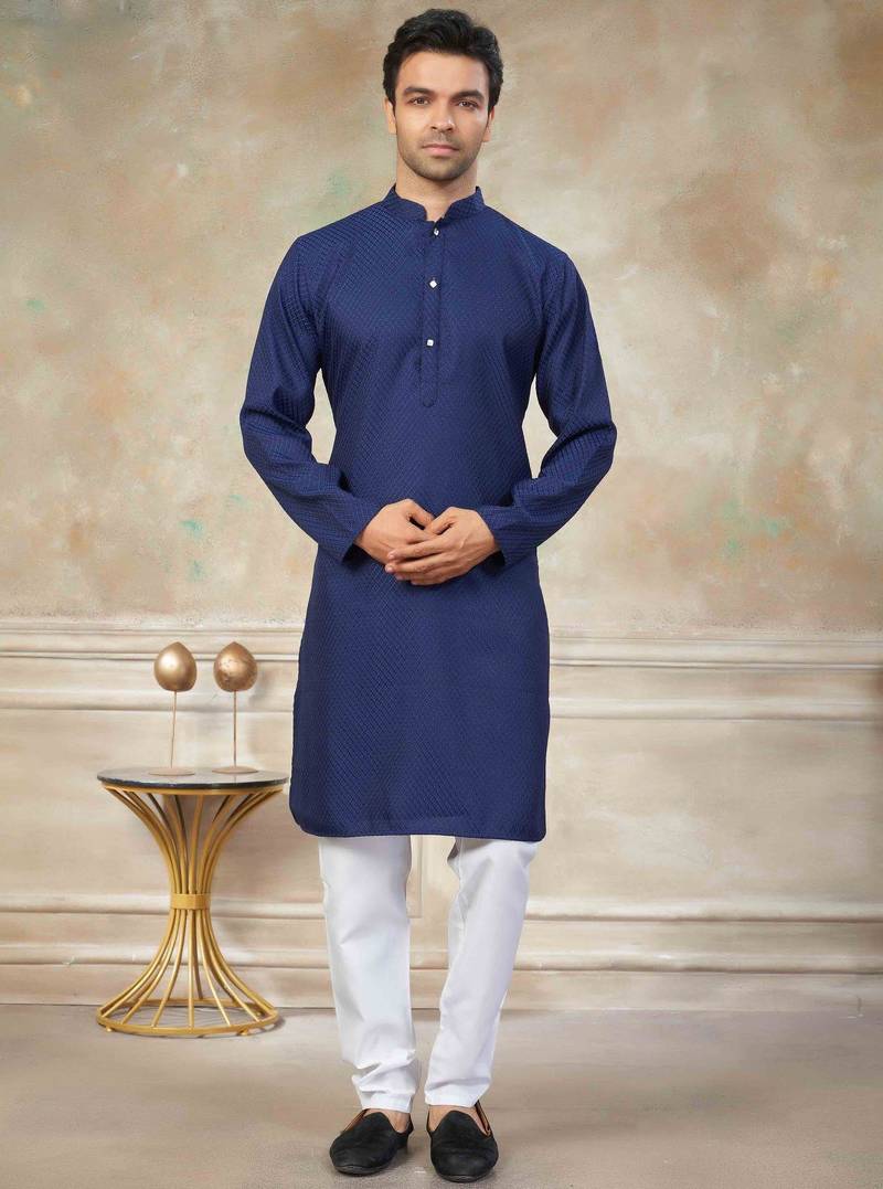 Navy blue colour rayon cotton with weaving sifly kurta pajama mens wear