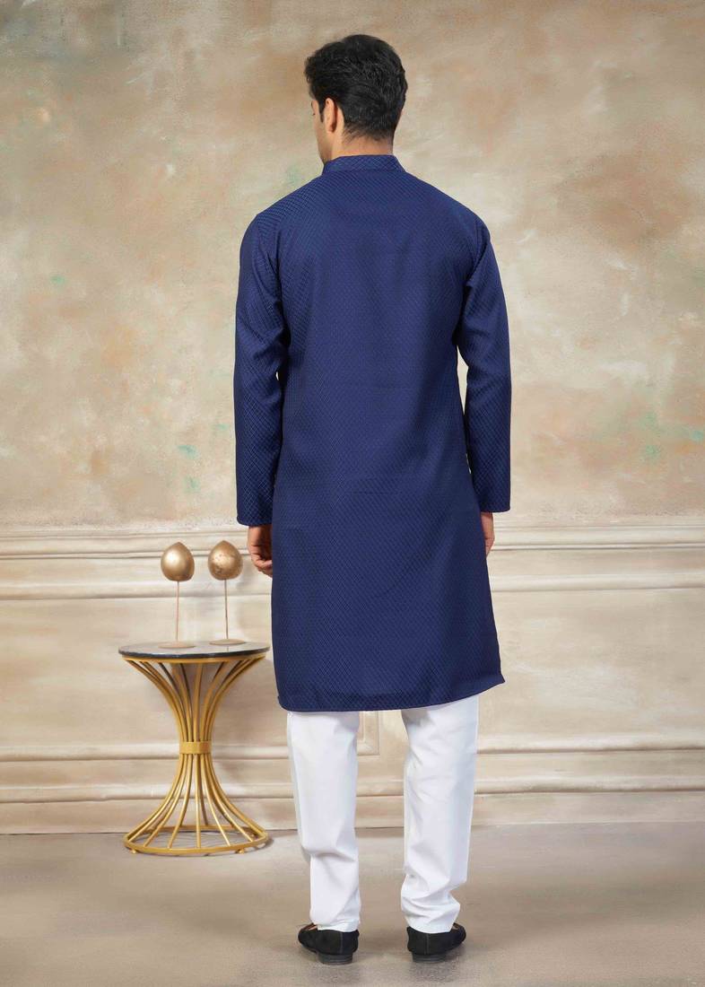 Navy blue colour rayon cotton with weaving sifly kurta pajama mens wear