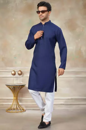 Navy blue colour rayon cotton with weaving sifly kurta pajama mens wear