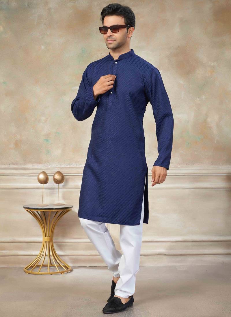 Navy blue colour rayon cotton with weaving sifly kurta pajama mens wear