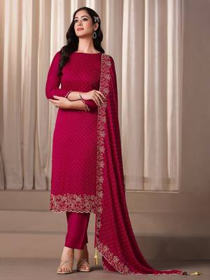 Magenta beads work satin chiffon semi-stitched pant style salwar kameez for wedding party 1