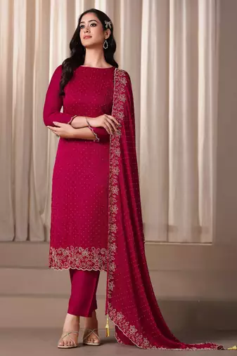 Magenta beads work satin chiffon semi-stitched pant style salwar kameez for wedding party
