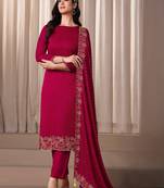 Magenta beads work satin chiffon semi-stitched pant style salwar kameez for wedding party
