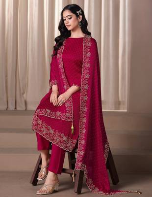 Magenta beads work satin chiffon semi-stitched pant style salwar kameez for wedding party 2