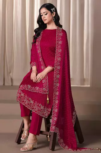 Magenta beads work satin chiffon semi-stitched pant style salwar kameez for wedding party