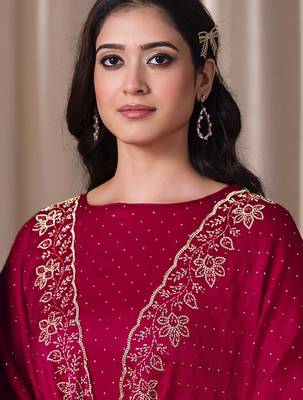 Magenta beads work satin chiffon semi-stitched pant style salwar kameez for wedding party 3