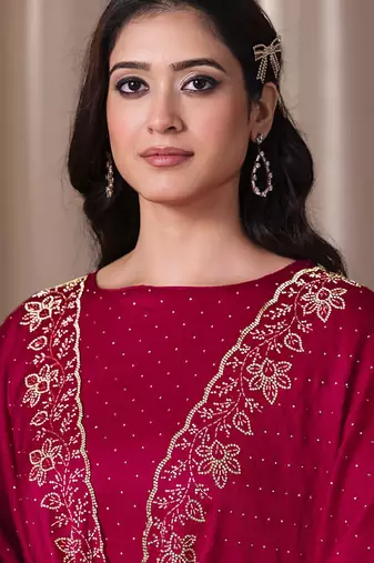 Magenta beads work satin chiffon semi-stitched pant style salwar kameez for wedding party