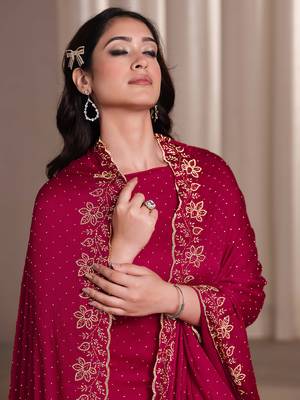 Magenta beads work satin chiffon semi-stitched pant style salwar kameez for wedding party 4