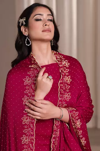 Magenta beads work satin chiffon semi-stitched pant style salwar kameez for wedding party