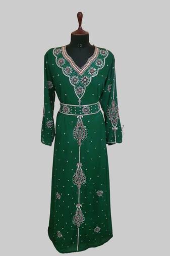 Dark Green color luxurious Handmade Moroccan Kaftan with hijjab