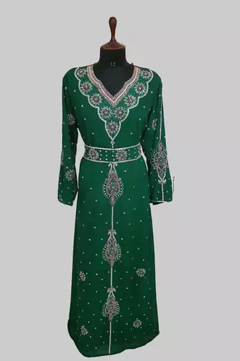 Dark Green color luxurious Handmade Moroccan Kaftan with hijjab
