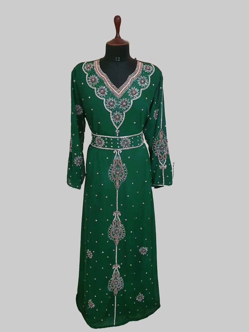 Dark Green color luxurious Handmade Moroccan Kaftan with hijjab