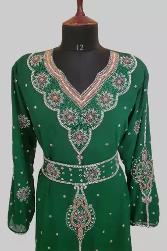 Dark Green color Handmade Moroccan Kaftan with hijjab