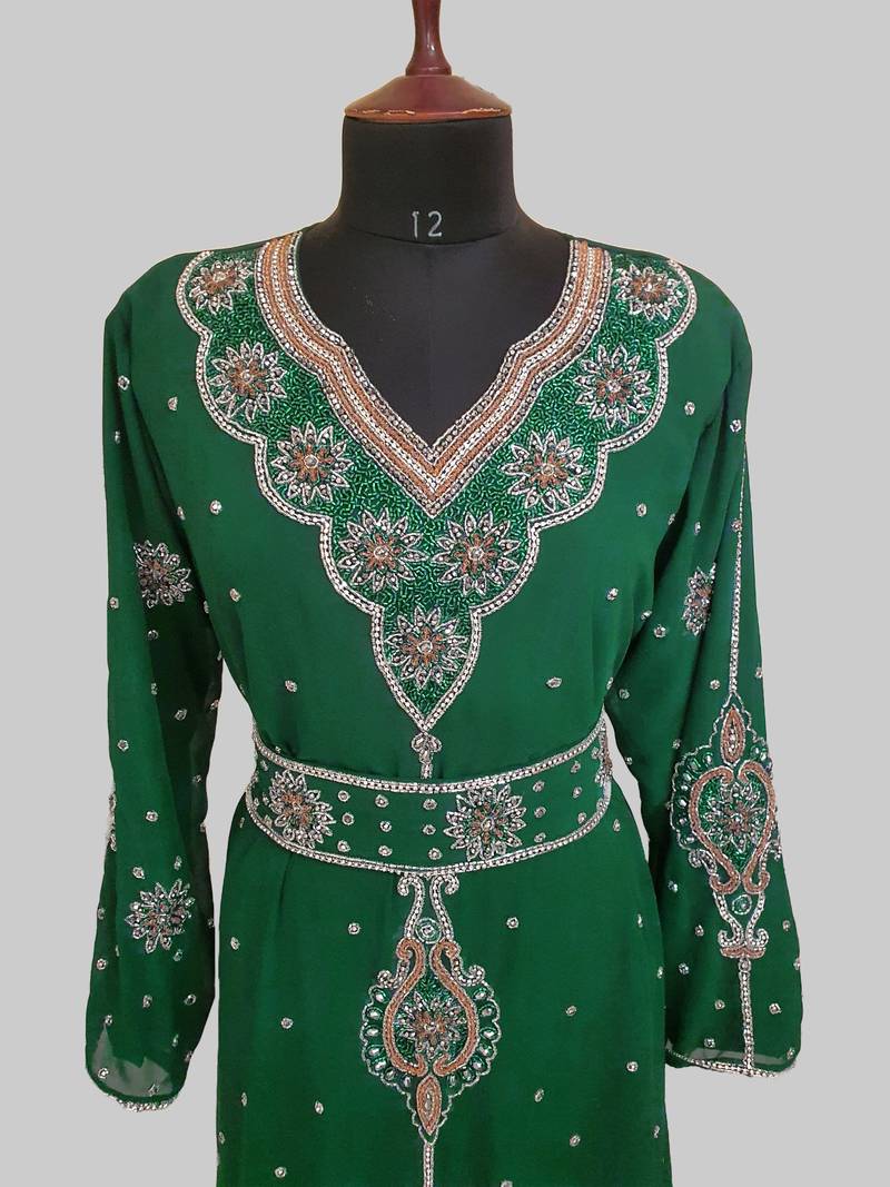 Dark Green color luxurious Handmade Moroccan Kaftan with hijjab