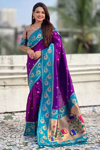 Soft silk lotus paithani zari woven saree