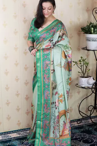 Tussar silk pattachitra traditional printed zari woven saree