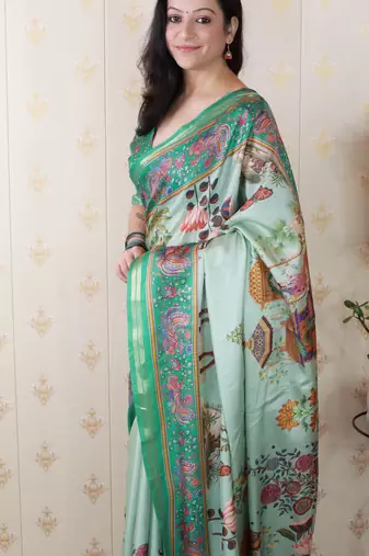 Tussar silk pattachitra traditional printed zari woven saree