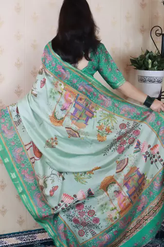 Tussar silk pattachitra traditional printed zari woven saree