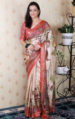 Tussar silk pattachitra traditional printed zari woven saree 1