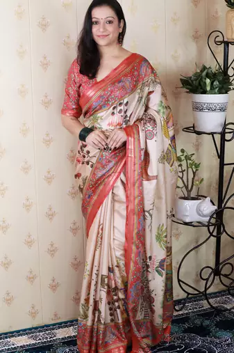 Tussar silk pattachitra traditional printed zari woven saree