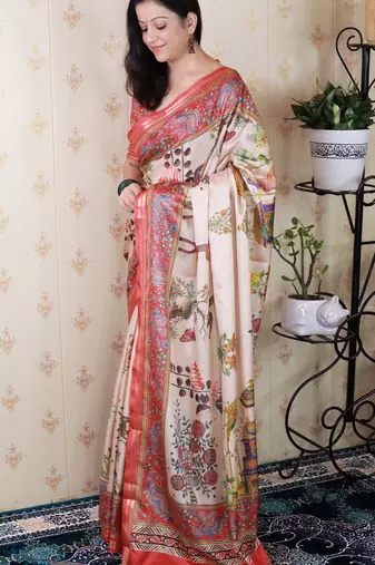 Tussar silk pattachitra traditional printed zari woven saree