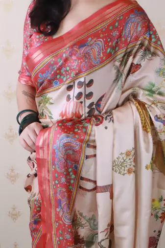 Tussar silk pattachitra traditional printed zari woven saree