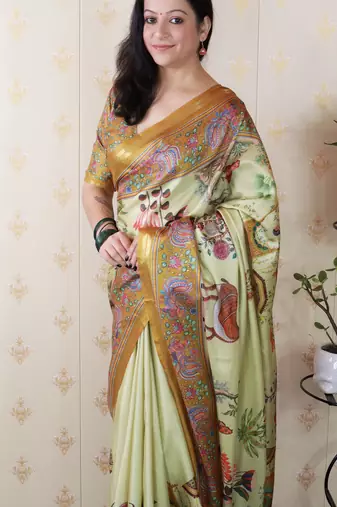 Tussar silk pattachitra traditional printed zari woven saree