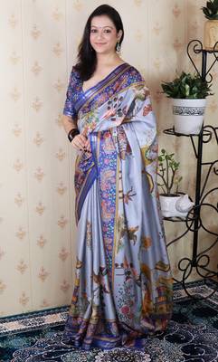 Tussar silk pattachitra traditional printed zari woven saree 1