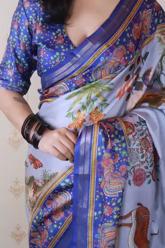 Tussar silk pattachitra traditional printed zari woven saree