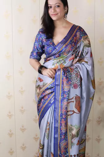 Tussar silk pattachitra traditional printed zari woven saree