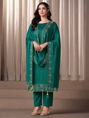 Teal green beads work satin chiffon semi-stitched pant style salwar kameez for wedding party 1
