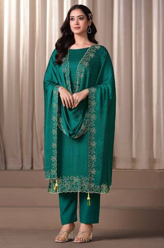 Teal green beads work satin chiffon semi-stitched pant style salwar kameez for wedding party