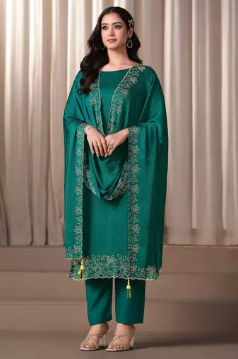 Teal green beads work satin chiffon semi-stitched pant style salwar kameez for wedding party