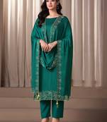 Teal green beads work satin chiffon semi-stitched pant style salwar kameez for wedding party