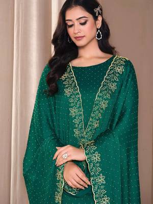 Teal green beads work satin chiffon semi-stitched pant style salwar kameez for wedding party 2