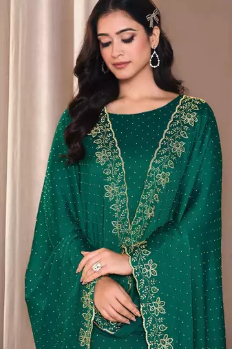 Teal green beads work satin chiffon semi-stitched pant style salwar kameez for wedding party