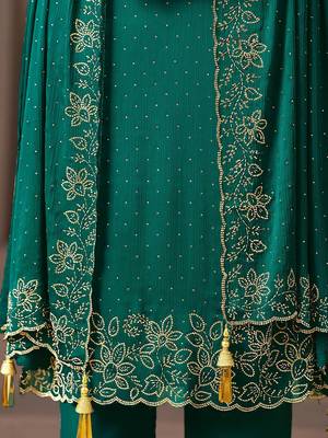 Teal green beads work satin chiffon semi-stitched pant style salwar kameez for wedding party 3