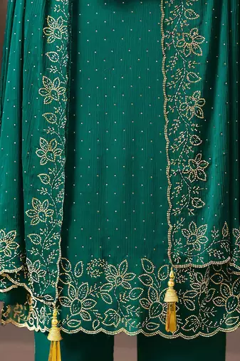 Teal green beads work satin chiffon semi-stitched pant style salwar kameez for wedding party
