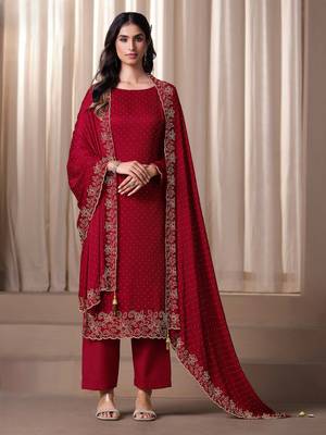 Red beads work satin chiffon semi-stitched pant style salwar kameez for wedding party 1