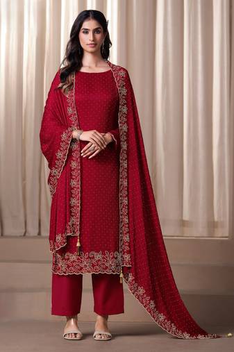 Red beads work satin chiffon semi-stitched pant style salwar kameez for wedding party